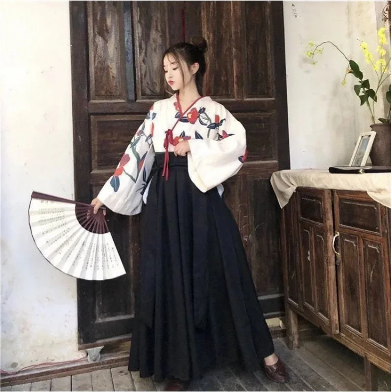 2Pcs Set Woman Kimono Japanese Style Floral Print Vintage Girl Oriental Hanbok Love Costume Haori Yukata Asian Wedding Dress