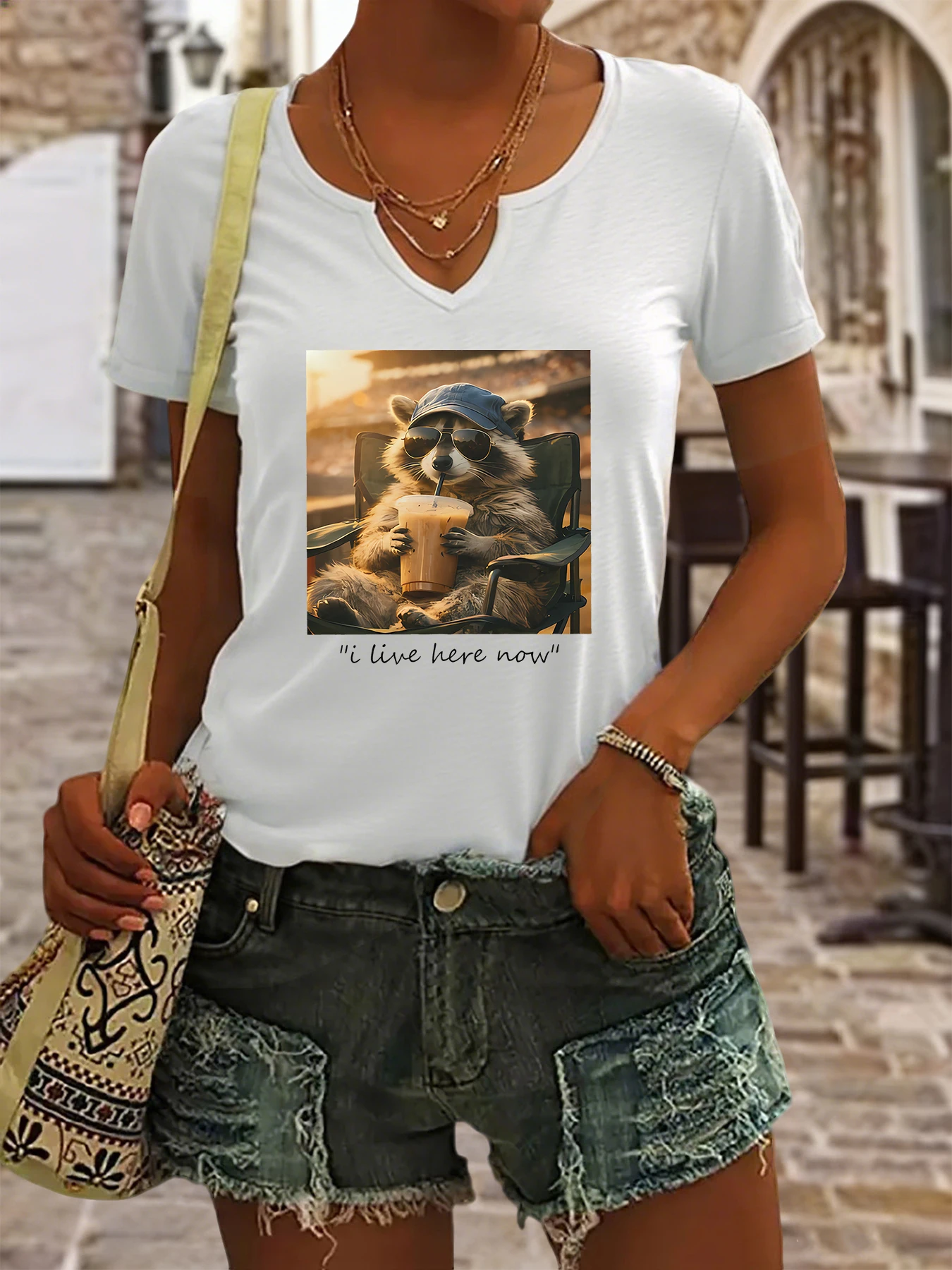 Women's Summer V-Neck Short Sleeve T-Shirt, Cool Raccoon 