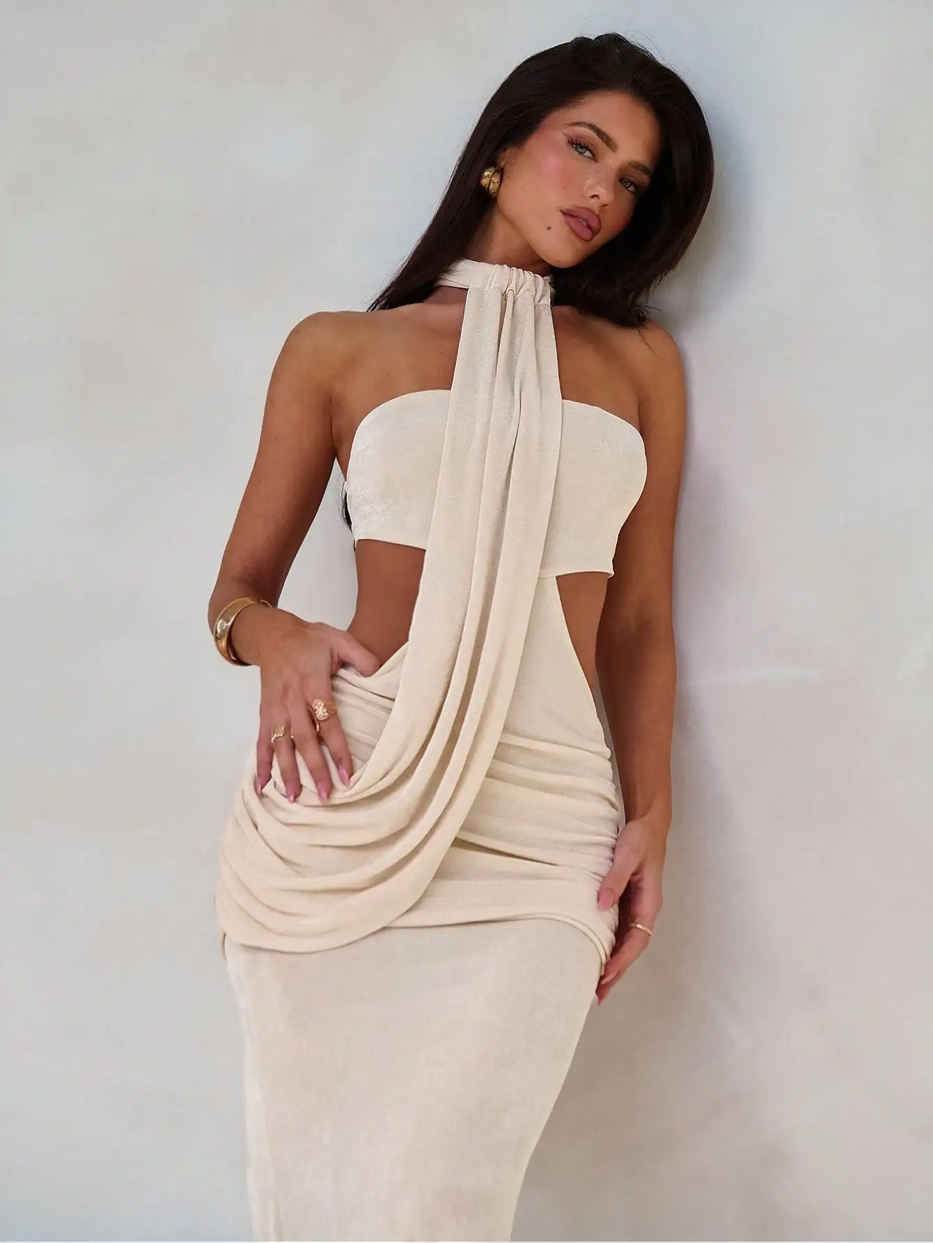 

Cream Halter Neck Asymmetrical Wrap Bodycon Dress with Cutouts