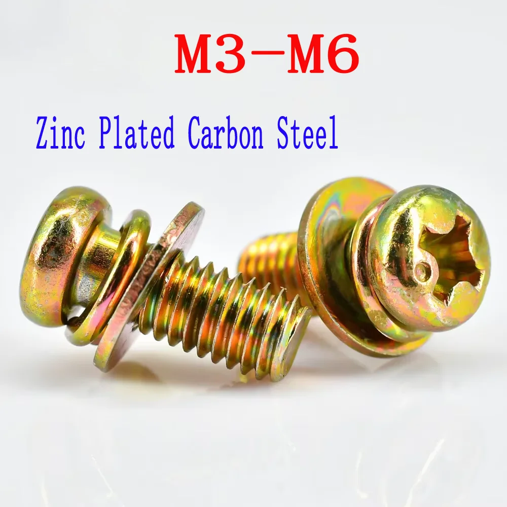 3-Combination Fastener: Phillips Round Head Screw, Color Zinc Plated Carbon Steel, with Washer & Spring Washer