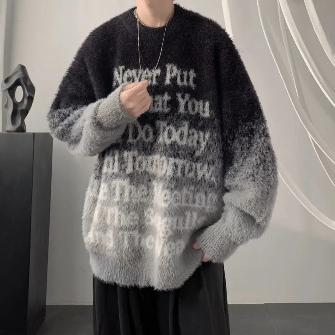 

Gradient Letters Retro Sweater Men's Autumn Winter Loose Fashion Brand Handsome Clothes American Trendy Lazy Style Knitted