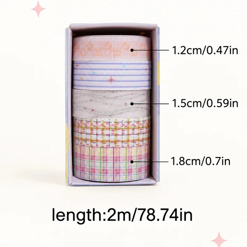 5 Rolls Macaron Glitter Washi Tape, 3 Assorted Widths 1.2-1.8cm 2m Each For Journal Scrapbook Diy Border Decor Card Making Craft