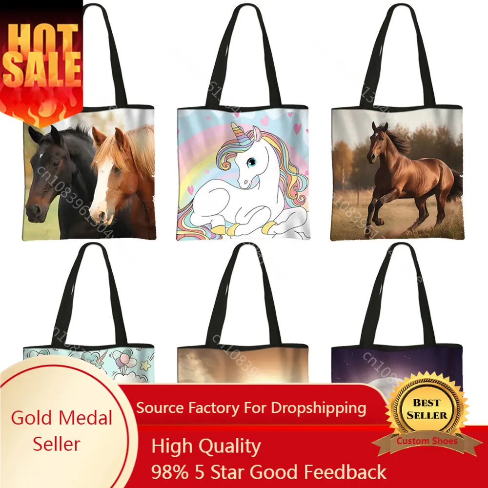 Animal Horse Totes Bag Cute Unicorn Handbag Canvas Shoulder Large Capacity Storage Eco Reusble Shopping Bag Book Bag