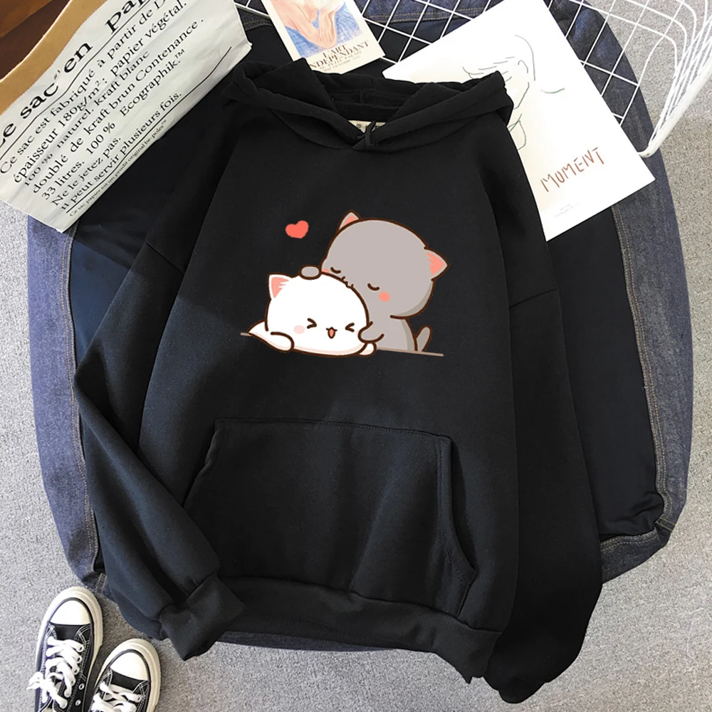 Peach Cat Kawaii Clothing Aesthetic Hoodie 2021 Cute Pink Tops Oversized Sweatshirt Women Cartoon Print Unisex Warm Streetwear