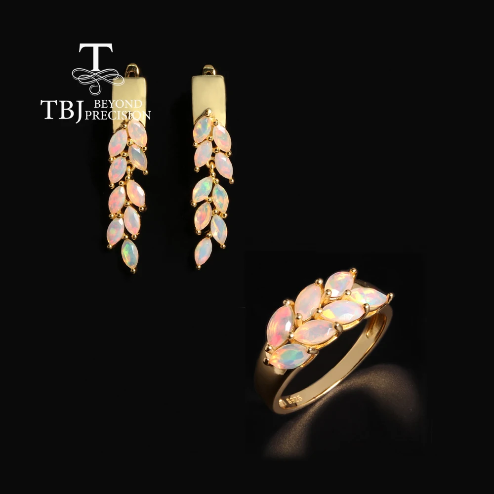 2026, Luxury design October Birthstone Natural Opal 18K yellow silver Ring Earrings jewelry set Women's anniversary wedding gift