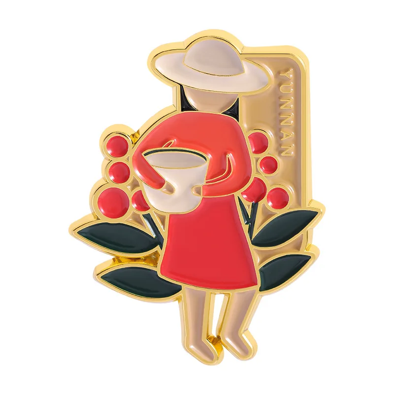 Cartoon red dress girl-shaped badges, creative red bean flower alloy pins, accessories for clothing and bags, gifts for friends