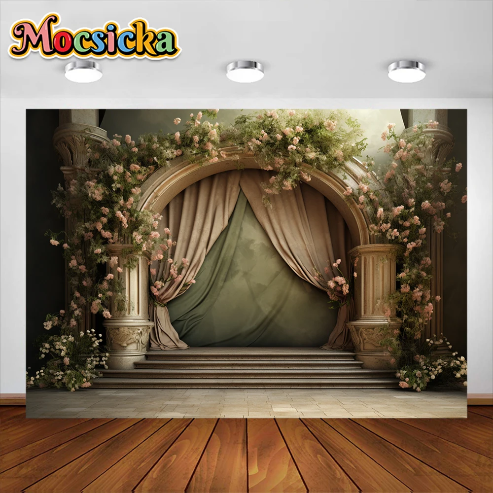 Mocsicka Neugeborenen Geburtstag Fotografie Hintergrund Blumen Bogen Tür Vorhang Party Dekoration Familien feier Fotostudio Banner