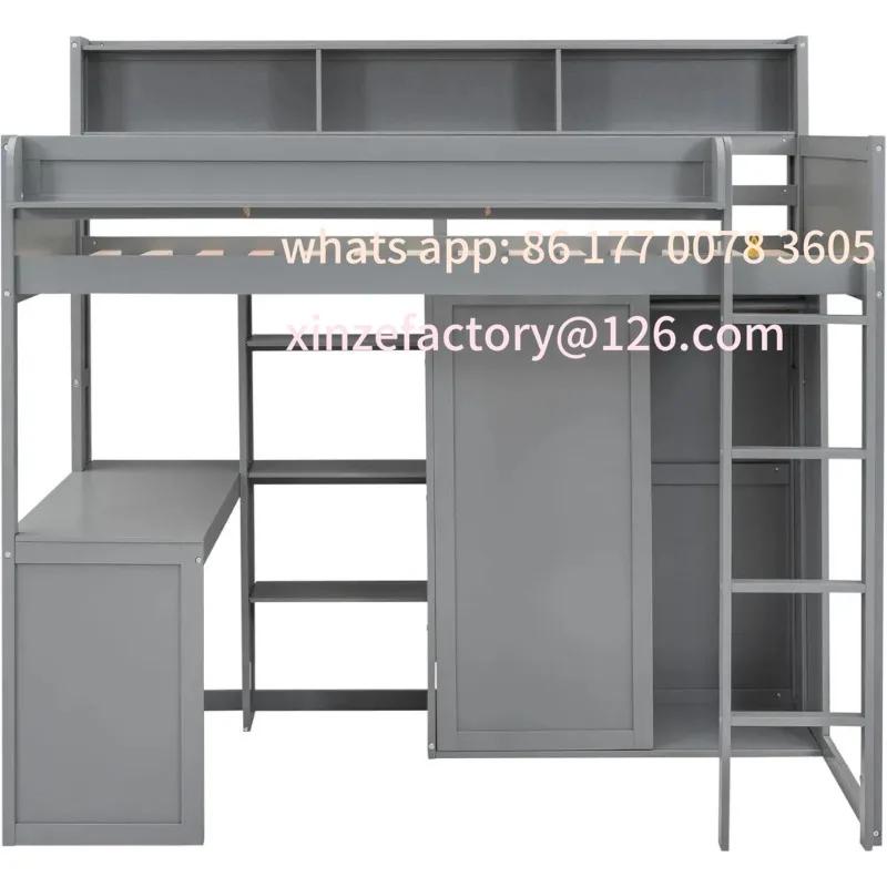 

Customizable Twin Loft Bed with Desk and Wardrobe, Solid Wood Frame, Multiple Storage Shelves, Bookshelf Included, Space-Saving