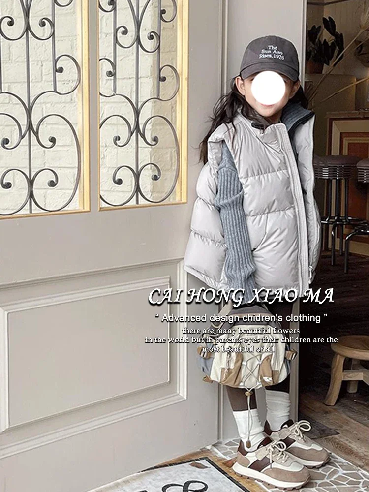 Girls Down Vest Coat New Children Stylish Solid Color Hooded Warm Sleeveless Coat Autumn Winter 2024 Korean Simple Style image 4