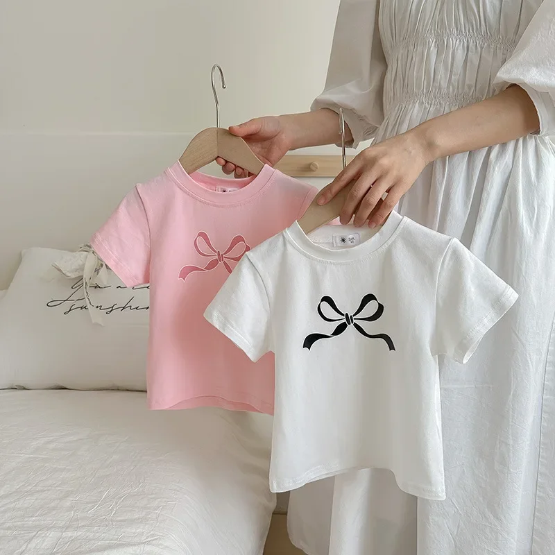 T-shirt Tops Baby Casual Korean Version of the Spring and Summer Girls Short Sleeve T-shirt Bow Children's