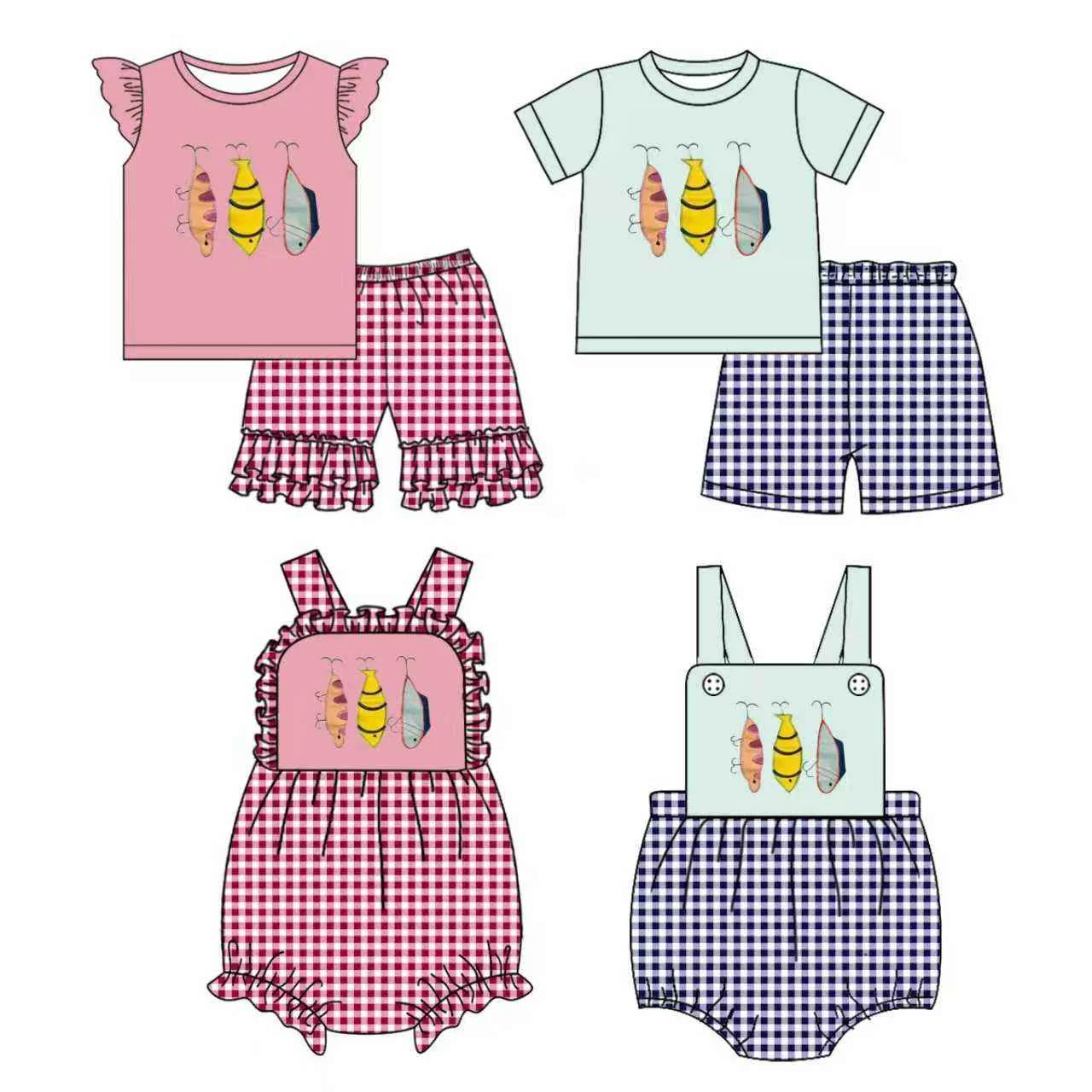 Wholesale Summer Toddler Boy Girls Fish Set Light Blue Tee Blue Gingham Shorts Outfits Matches Baby Overalls Bodysuit