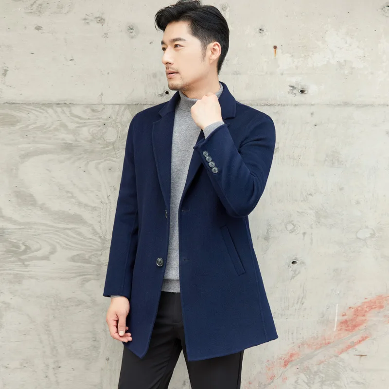 Autumn Winter Double-sided Cashmere Coat Men's Mid Long Blue Wool Woolen Jacket Off-season High-end Suit Business Trench Outwear