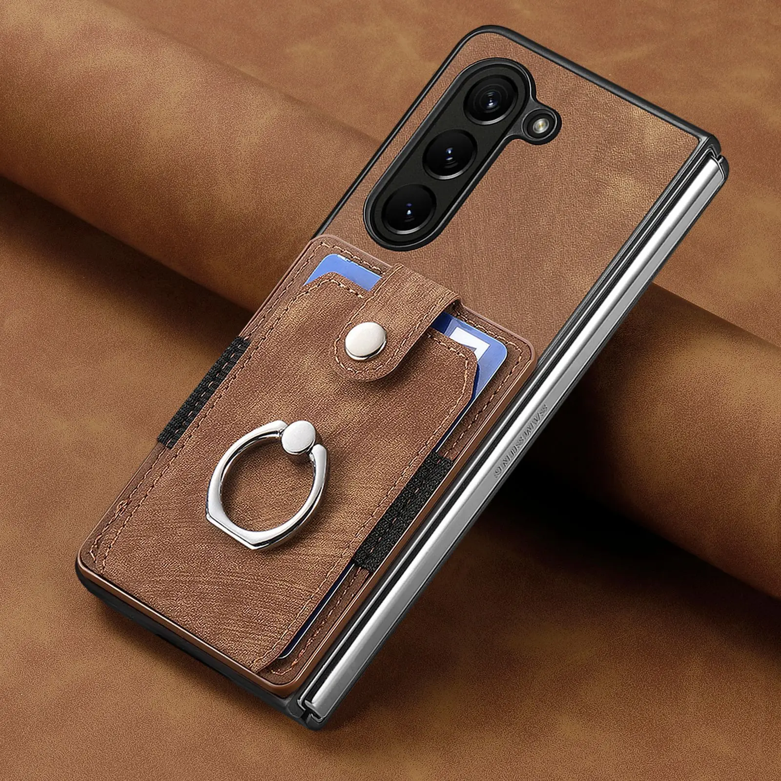 360 Rotating Ring Card Slot Holder Pocket Wallet Phone Case For Samsung Galaxy Z Fold 6 5 Fold6 Fold5 5G PU Leather Back Cover