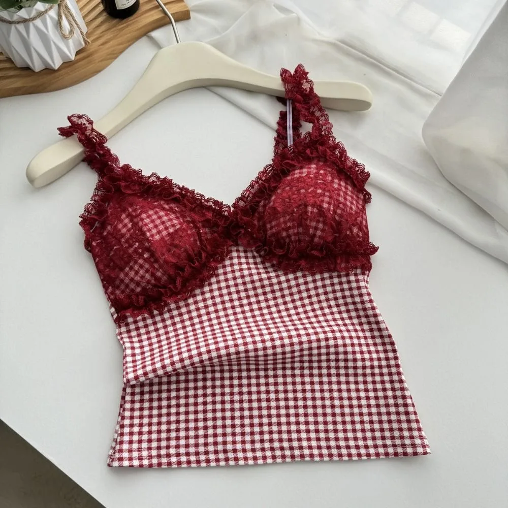 حار فتاة نمط بلا أكمام المحاصيل الأعلى شبكة نقطة الخامس الرقبة المرأة الحمالة الأعلى سليم صالح الحلو الدانتيل بروتيل مع منصات الشارع الشهير