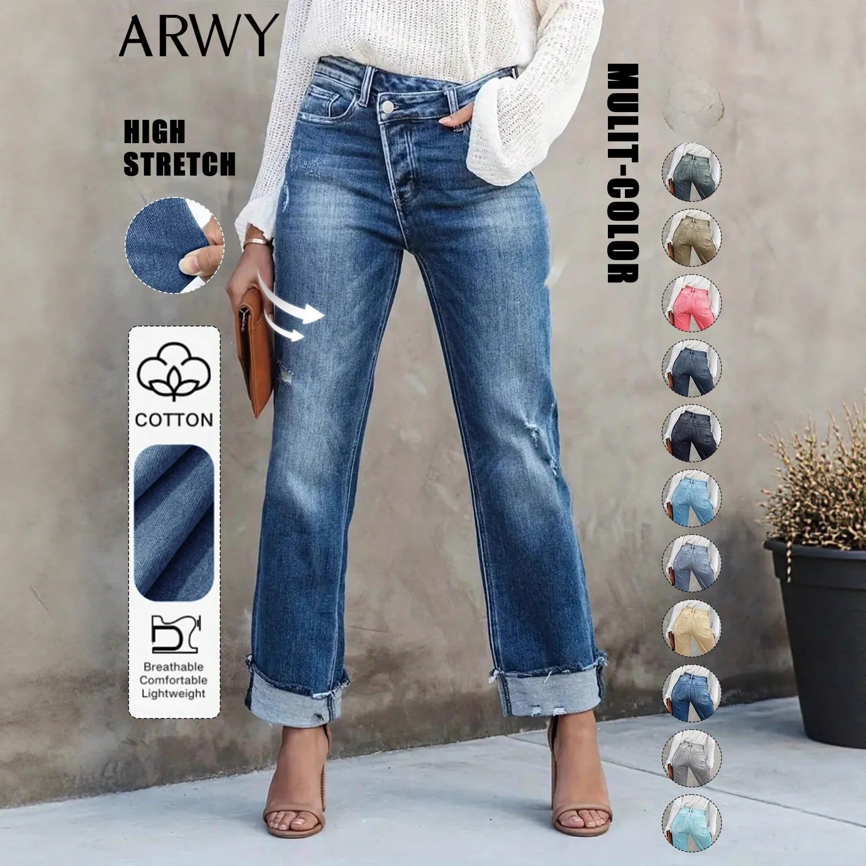 

Women's Straight Leg Jeans Mid-Rise Slim Fit Elastic Commute Casual Versatile Comfortable Long Pants Deep Light Colors