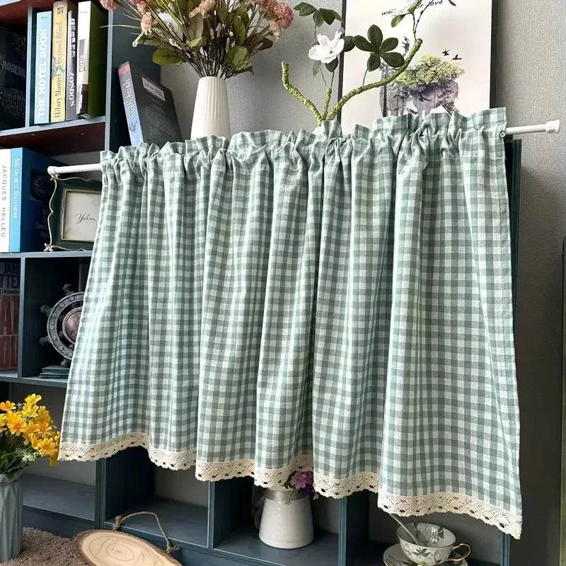 Green Plaid Cabinet Curtains Rustic Farmhouse Ready Made Short Curtain Window Valance Rod Pocket for Cafe Kitchen Home Decor