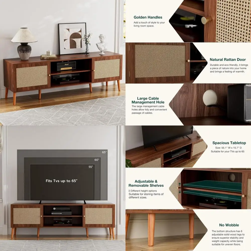 حامل تلفزيون كبير 65، مركز ترفيه بباب الروطان مع أرفف وخزائن تخزين، وحدة تحكم أنيقة لوسائط بوهو لغرفة المعيشة