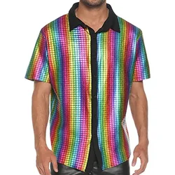 Chemise à manches courtes à carreaux arc-en-ciel brillant pour hommes, haut de Rhde scène, costume de fête d'Halloween, fête de Noël, festival de danse, zones me