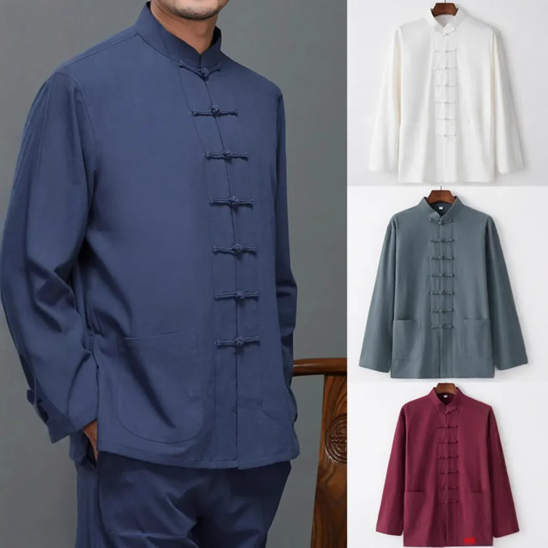 قميص رجالي فضفاض بأكمام طويلة على الطراز الصيني بأزرار حتى ملابس هانفو التقليدية غير الرسمية ملابس ربيعية عصرية للرجال المسنين #1