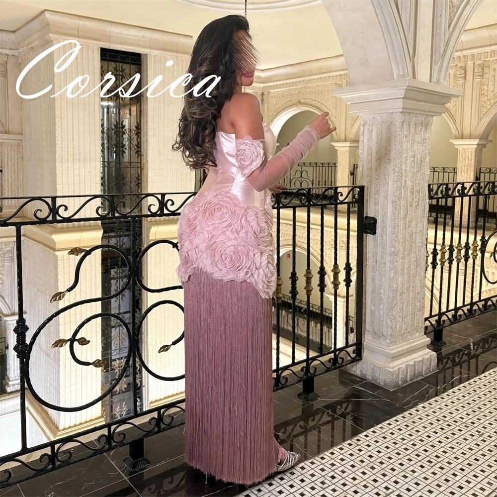 Sukienka wieczorowa z różowego satyny na zamówienie, klasyczna bez ramiączek, bez rękawów, sukienka na powrót do domu, luksusowa sukienka na studniówkę z kwiatami i frędzlami.