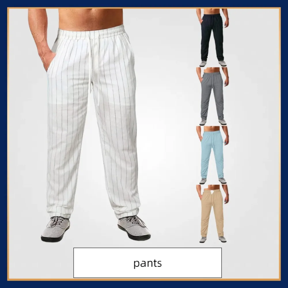 

2025 European & American New Men's Pinstripe Drawstring Waist Casual Trousers