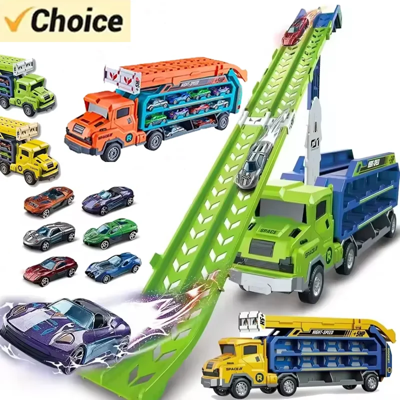 Camión transportador para niños pequeños, elevador de cohetes, combinación de coches de carreras transformados con 6 carritos de aleación, Acción de Gracias para niños, juguete para regalo de cumpleaños