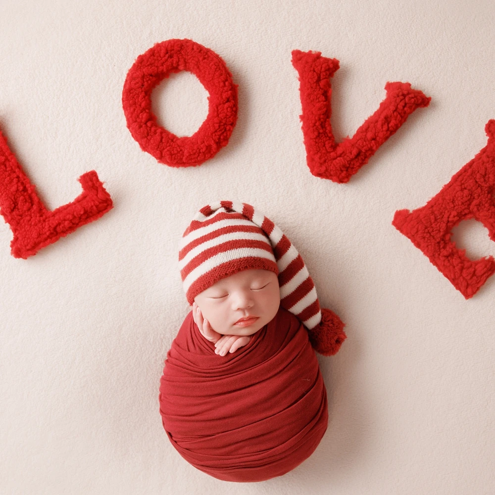 Christmas Newborn Striped Wrap for Photography Props X\'mas Stretch Baby Wrap Pompom Hat Red Doll Newborn Photography Accessories