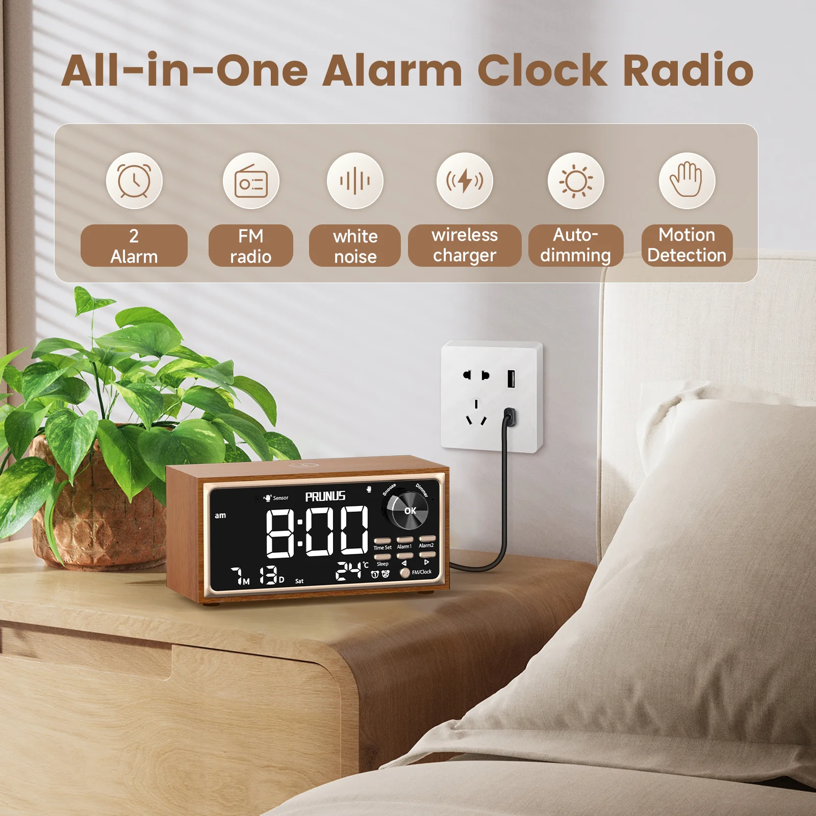 Retro Vintage Dual Alarm Clock Radio FM 15W Fast Wireless Charging LED Display Dimmer Control Auto-Dimming Retro Clock Bedroom