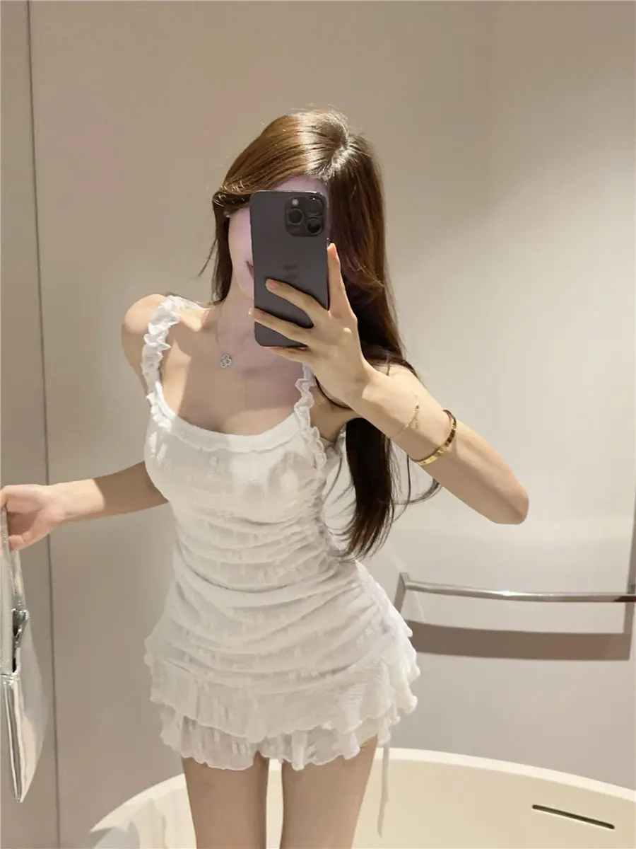 Słodka biała sukienka na ramiączkach dla kobiet Seksowna sukienka ze sznurkiem w talii Spicy Girls Mini sukienki Letnie bez rękawów Y2k Vestidos
