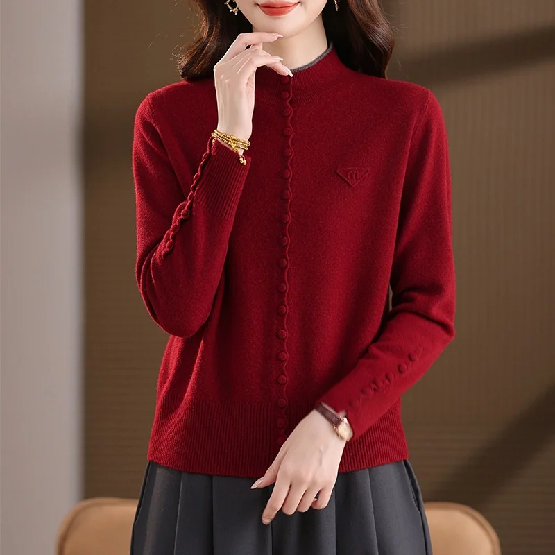 Birdtree ، سترة محبوكة من صوف الأغنام 100% ، بلوزات نسائية ناعمة برقبة وهمية دافئة ، كم كامل ، بلوفر شتوي لخريف وشتاء 2025 T5N403JF