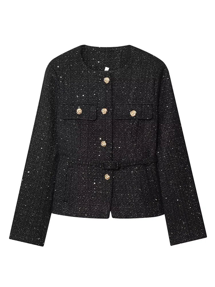 여성용 HH 2025 가을 재킷, 패션 메탈 버튼 스팽글 코트, 긴 소매 O넥 재킷, 벨트 포함, 여성 빈티지 스트리트웨어