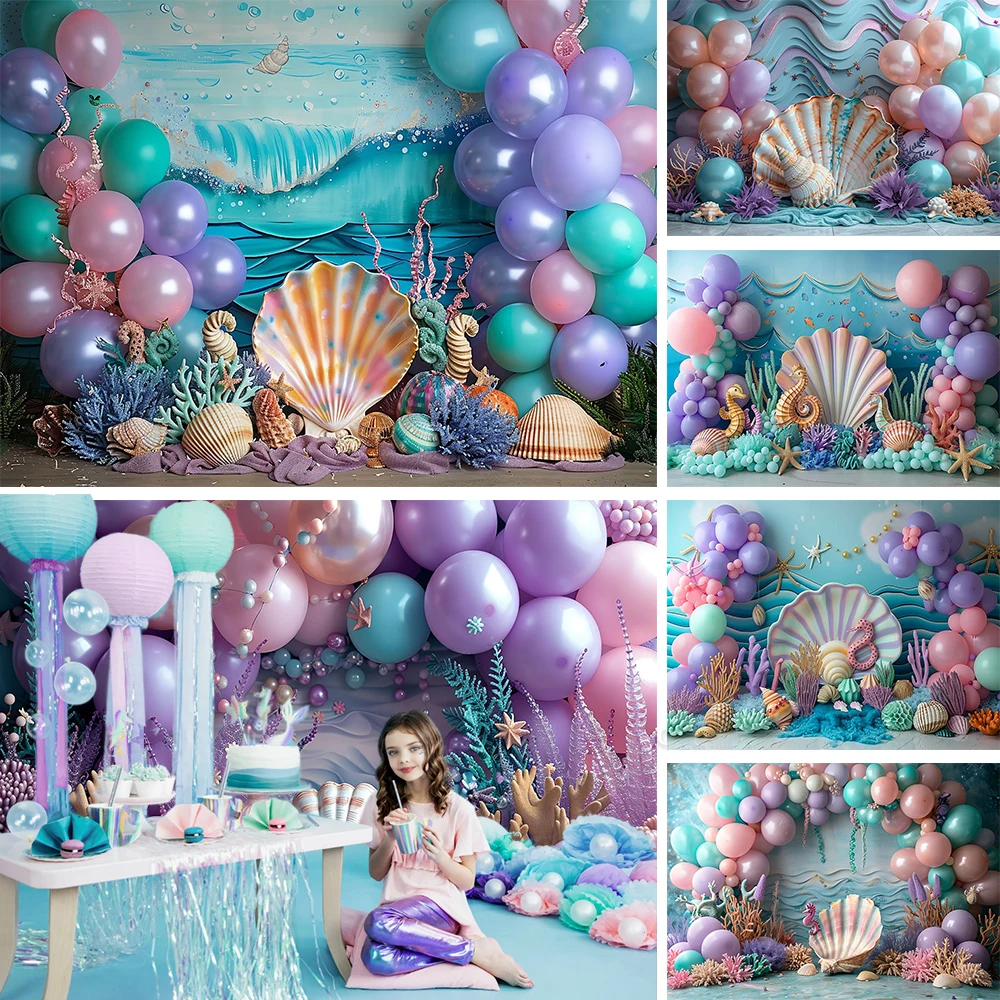 Mermaid Princess Girl Birthday Party Background Blue Underwater Purple Balloons Seashell Backdrop Decor Kids Cake Smash Studio