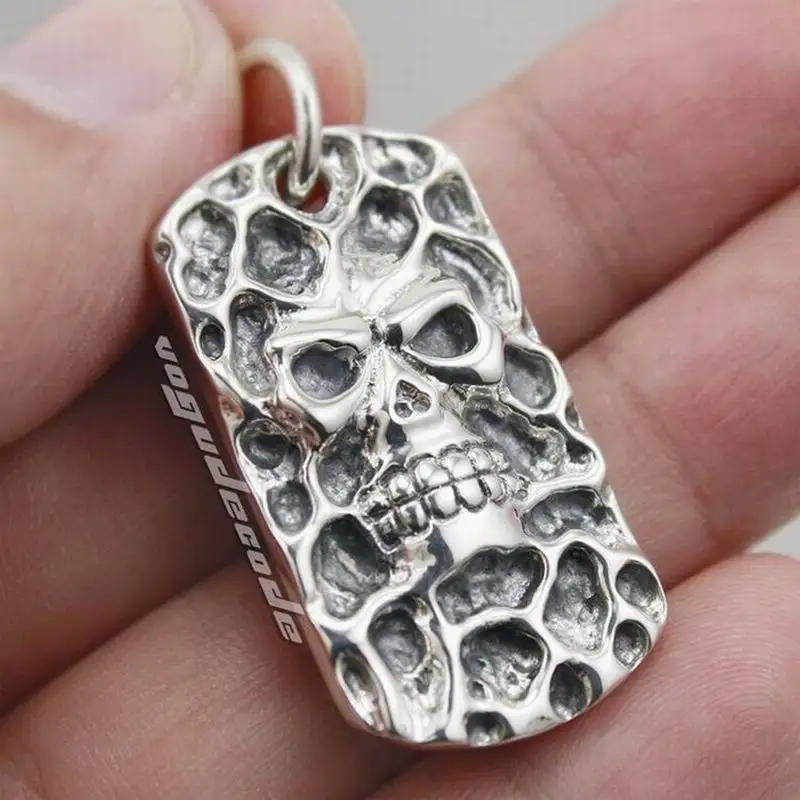 925 Sterling Silver Skull Dog Tag Pendant Rock Punk Jewelry 8C004