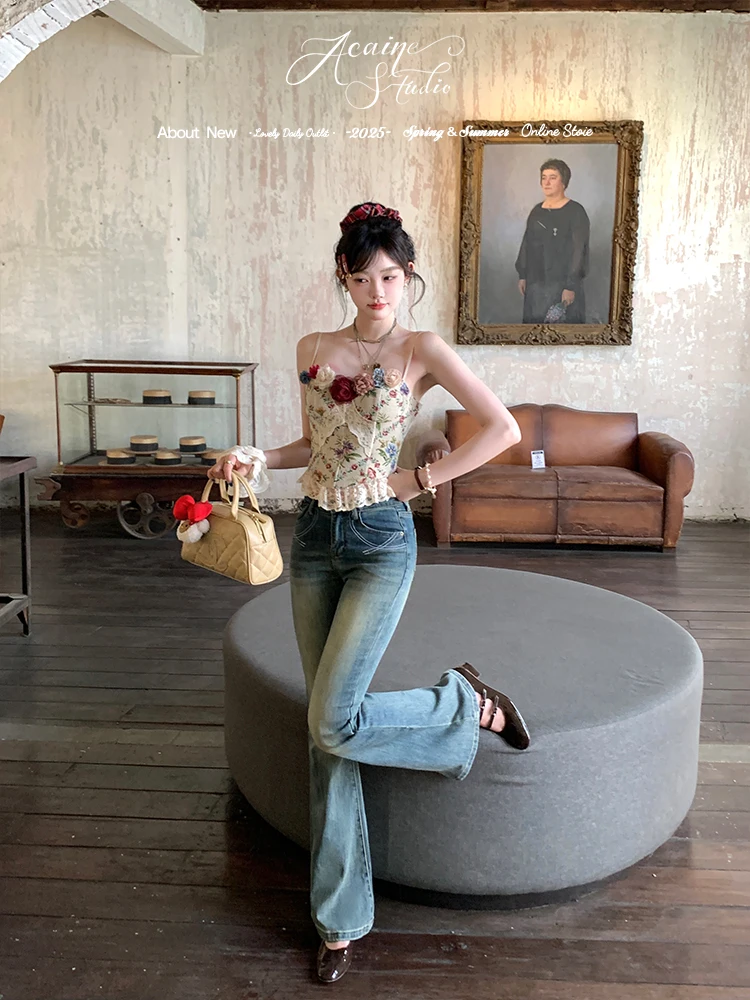 

Джинсы женские летние с высокой талией, широкими штанинами и микро-клешем, синие, джинсовые, повседневные, в стиле Acaine Supermodel Street, с эффектом похудения