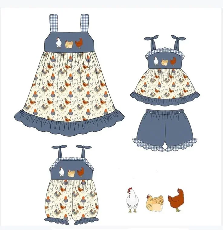 

New Girl Farm Series Suspender Bow Lace Chick Print Shorts Lace Children's Set Baby Romper Dress Milk Silk