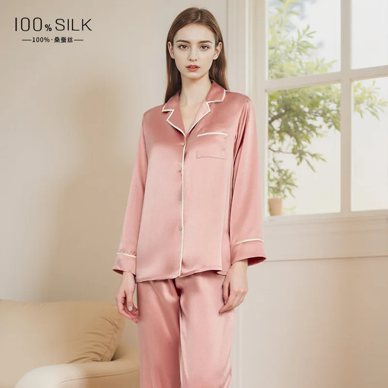 

100% Mulberry Silk Pajamas Set 19MM Heavy Silk Private Label Sleepwear Long Sleeve Trousers Home Suit Red Pijama Women Sets