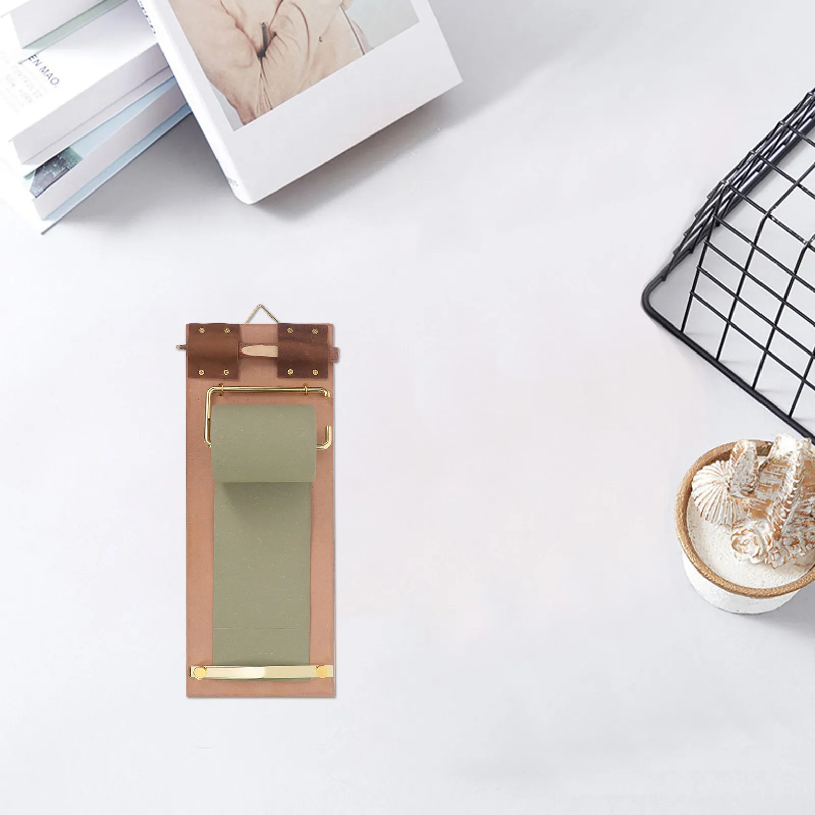 1Set Wall Mounted Vintage Notepad Board Paper Roll Holder Wooden Pen Memo Note Dispenser Kitchen Office Message Board