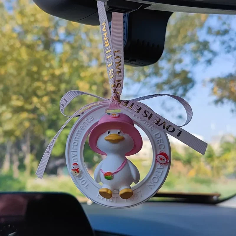 Car Ornaments Cute Duck Hanging Rearview Mirror Pendant Car Decoration Accessories Interior Creative Adorns Funny Decors