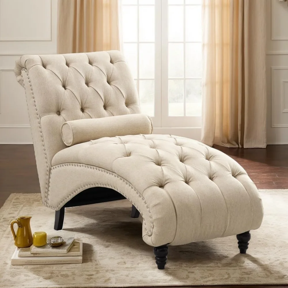 

Upholstered Chaise Lounge Chair, Button-Tufted Indoor Chaise Lounge w/Solid Wood Legs & Support Pillow