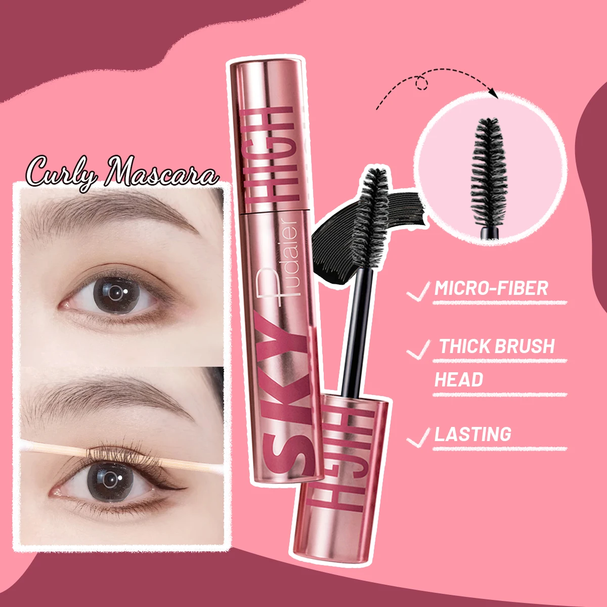 1pc Anti-sweat mascara, slender, curly and thick, long-lasting waterproof without clumping, enlarging eyes