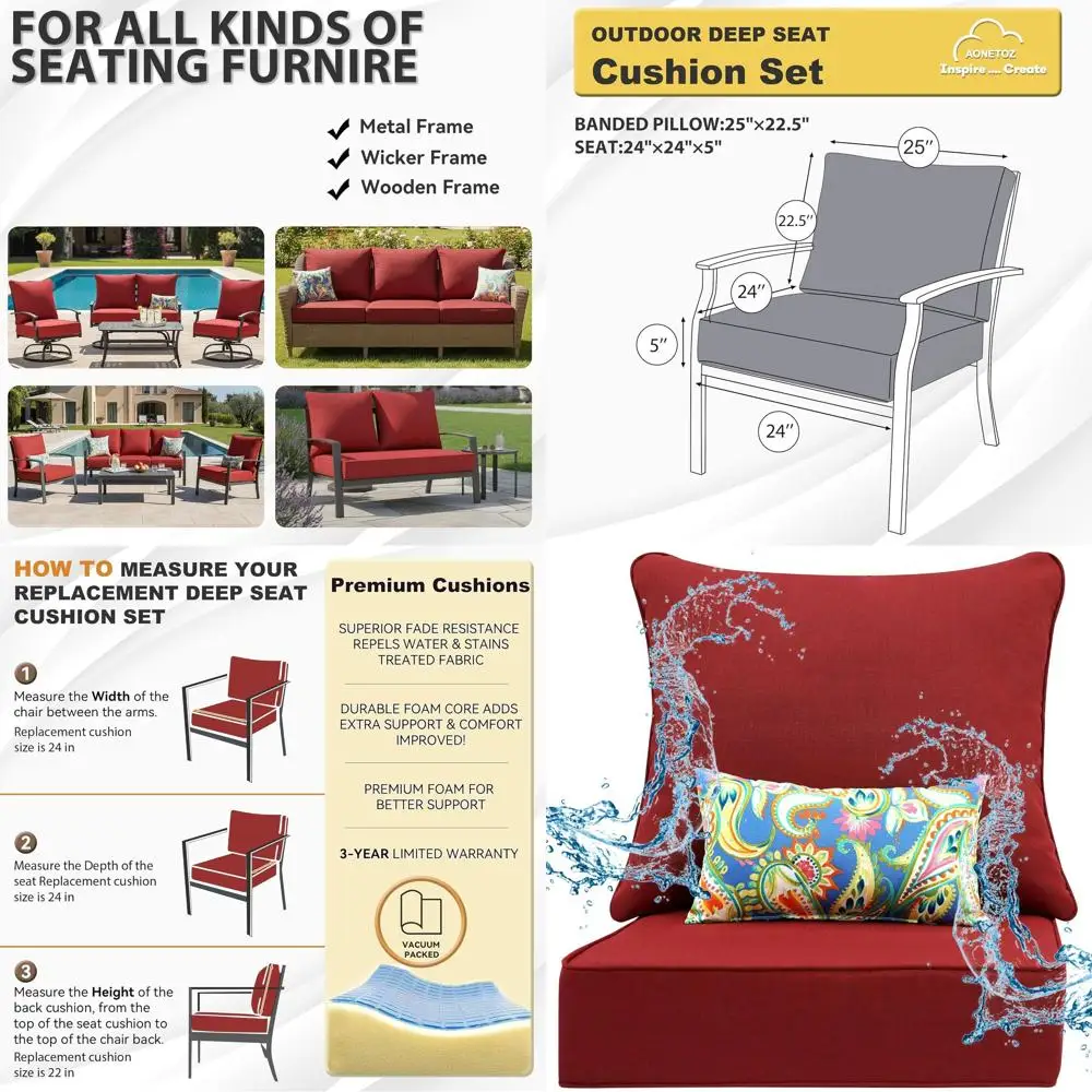 

24 комплекта подушек для глубокого сиденья на открытом воздухе, ткань Olefin, устойчивая к атмосферным воздействиям со съемными чехлами