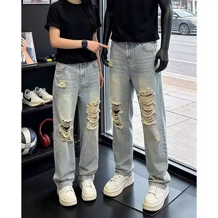 Light Blue Ripped Jeans Men Summer Thin Fashion Brand Micro Flared Long Pants American High Street Straight Leg Trousers