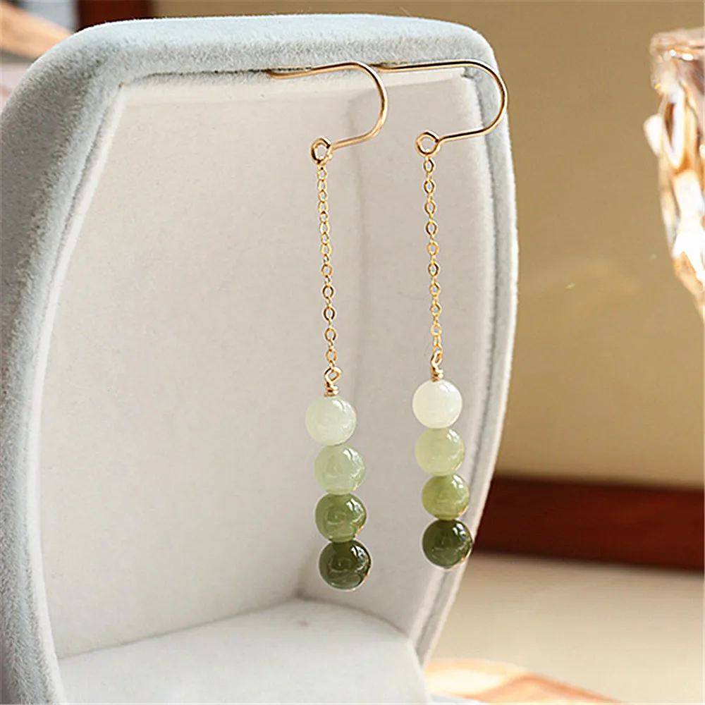 Nowy Hetian Jade Bead długie zwisające kolczyki dla kobiet zielone gradientowe koraliki Dangle kolczyki mogą być noszone bez przebitych uszu biżuteria — zdjęcie 4