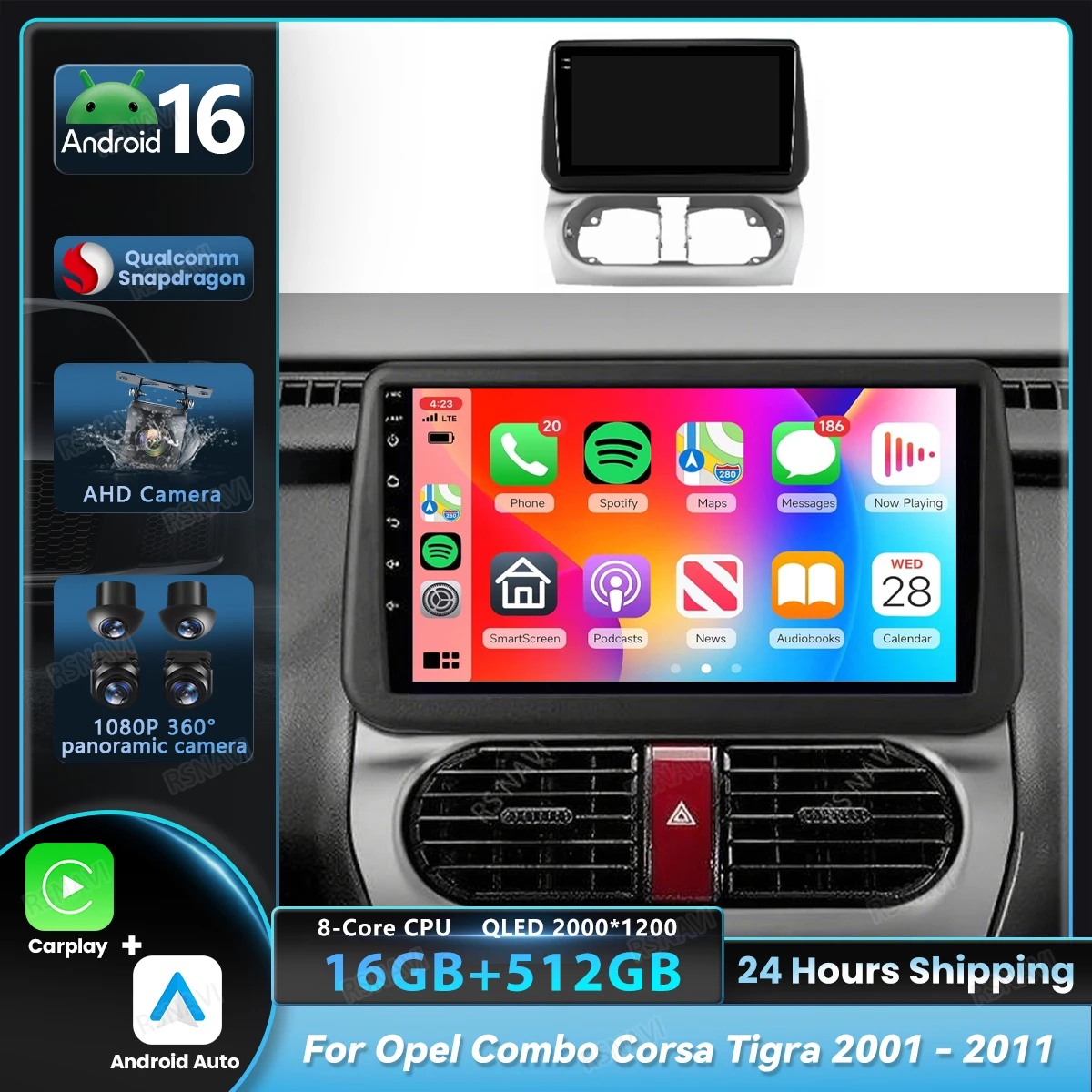 Radio para Auto Android 16 Player para Opel Combo Corsa Tigra 2001 2002 2003 - 2011 Carplay Auto Pantalla 2K Multimedia Autoradio Estéreo