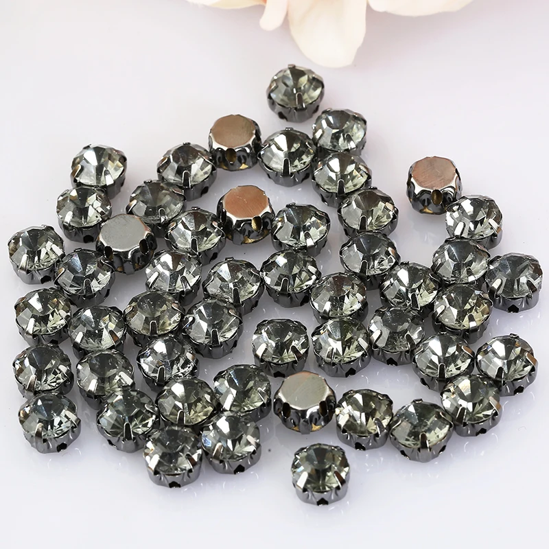 PEESOM 100 Uds. De diamantes de imitación redondos de cristal para coser con Base GunBlack, piedra de diamante negro, piedra de costura de cristal con parte posterior plana, ropa DIY
