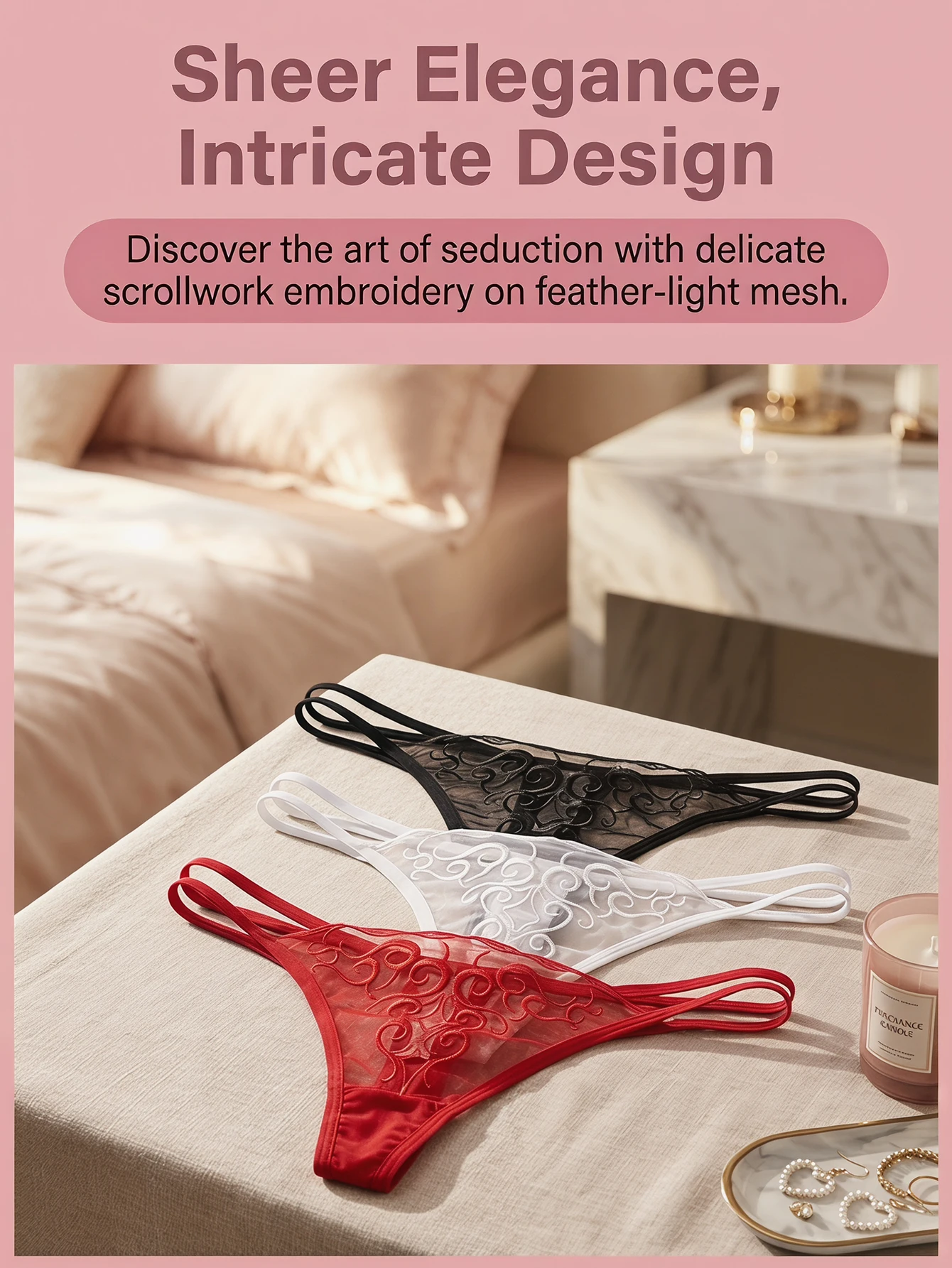3 Pcs Women Embroidered Thong Sexy G-string Lace Mesh See-through Low Rise Elegant Seductive Lingerie C857