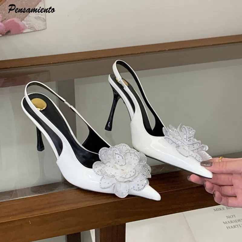 

Модные женские туфли-лодочки из лакированной кожи со стразами и кружевными цветами, элегантные туфли с острым носком на высоком каблуке, летние туфли для вечеринок и платьев