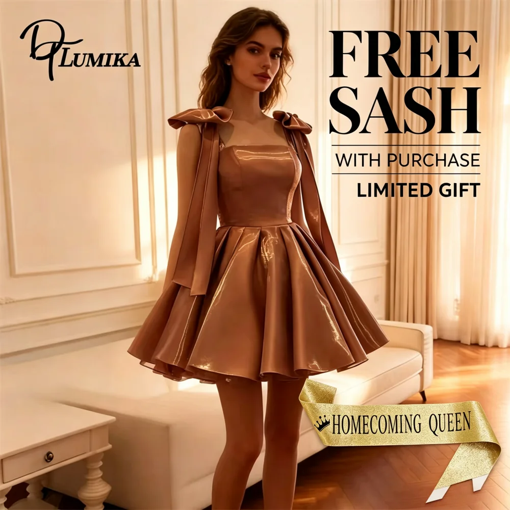 Homecoming Queen 2026 Glänzendes Satin-Cocktailkleid mit Schleifen-Trägern, Quadratischem Ausschnitt, A-Linien Mini-Partykleid für Damen