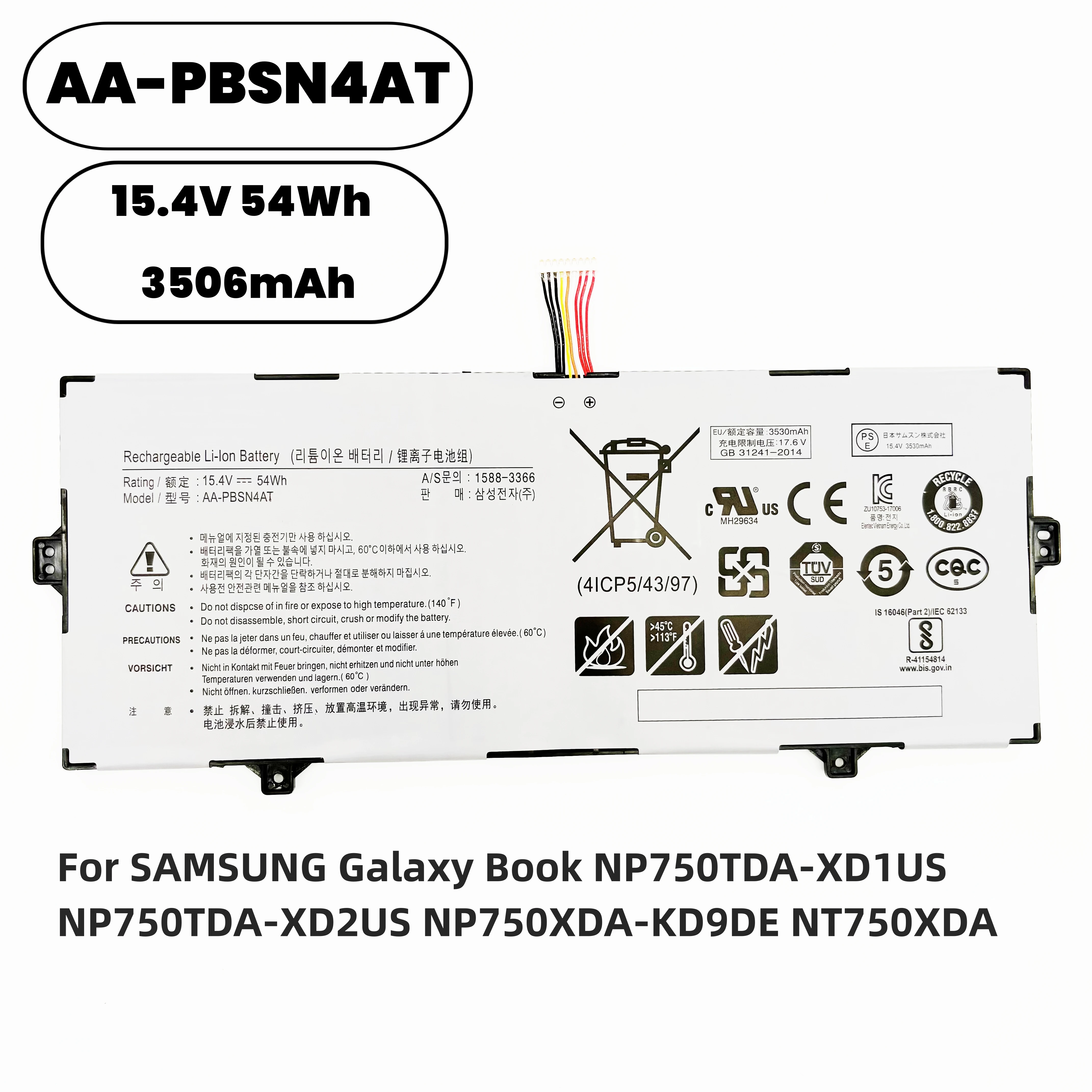 

Новый аккумулятор для ноутбука AA-PBSN4AT 15,4 В, 54 Втч, 3506 мАч для SAMSUNG Galaxy Book NP750TDA-XD1US NP750TDA-XD2US NP750XDA-KD9DE NT750XDA