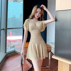 Fashion New Spring Summer Office Lady Deep V-Neck Short Sleeve Dress Sexy Girl A-line Pleated Mesh Hip Skirt Woman Party Clothes